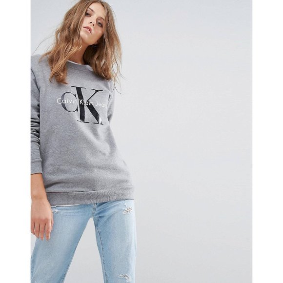 Calvin Klein Jeans Light Grey Heather Logo XS Sweatshirt - Picture 2 of 11